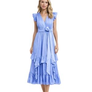 MARIE OLIVER Silk Uma Ruffle Midi Dress in Blue Jay Size M